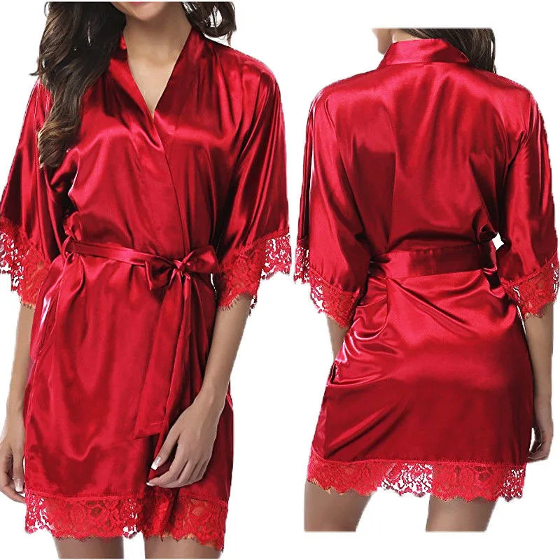

Women Sexy lingerie Satin Nightdress Robe Bathrobe Sleepwear V-Neck Pajamas Sleep Wear Plus Size
