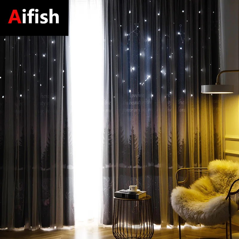 

Double Bedroom Bay Window Curtain Nordic Simple Hollow Star Children's Room Blackout Curtain Decoration White Tulle TM078-4