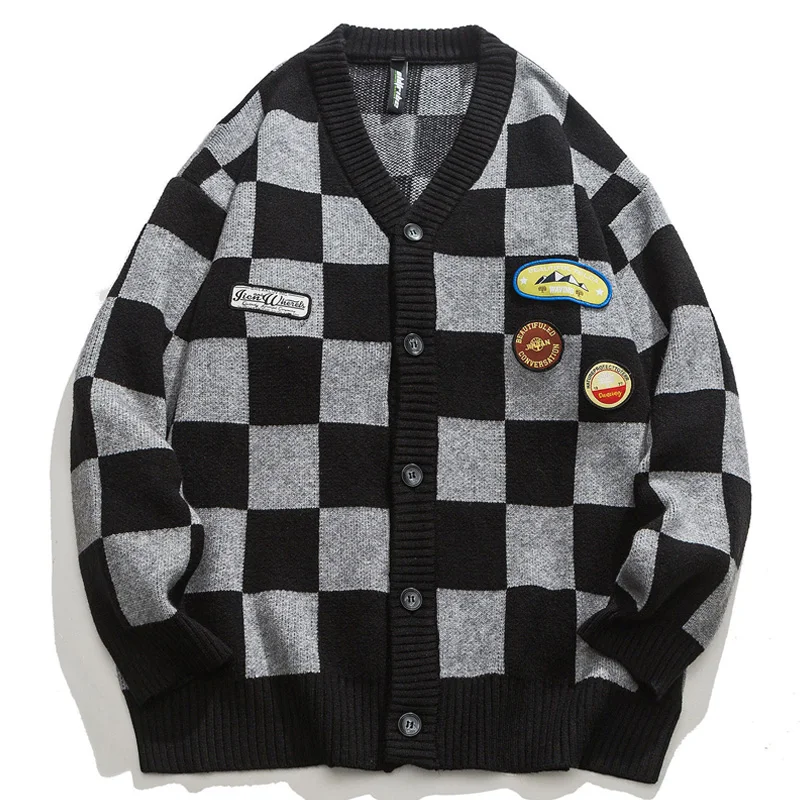 Кардиган в стиле Харадзюку для мужчин и женщин свитеры клетку с V-образным