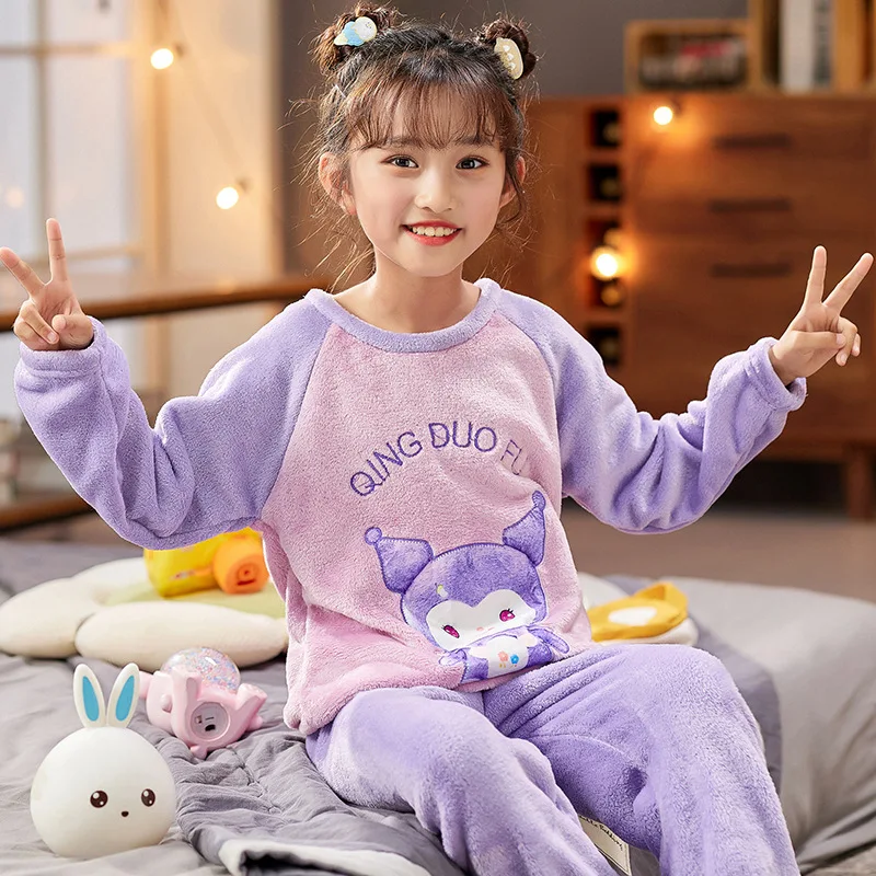 

Sanrios Kuromi Cinnamoroll Hellokittys Autumn Winter Girls Pajamas Princess Style Children's Thickened Flannel Home Clothes