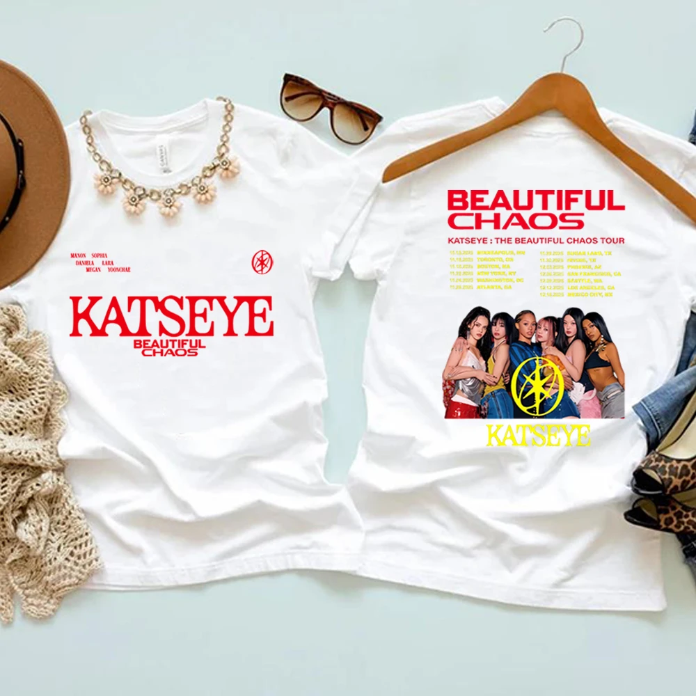 Фото Ретро футболка Katseye спереди и сзади с принтом K-Pop Katseye Красивая рубашка Chaos Y2k Kpop Gabriela Хип-хоп Homage Уличная одежда Топы №2