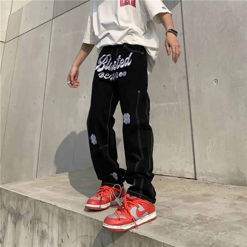2022 New Fashion Letter Embroidery Baggy Men Hip Hop Jeans Pants Y2K Clothes Straight Casual Black Denim Trousers Pantaloni Uomo