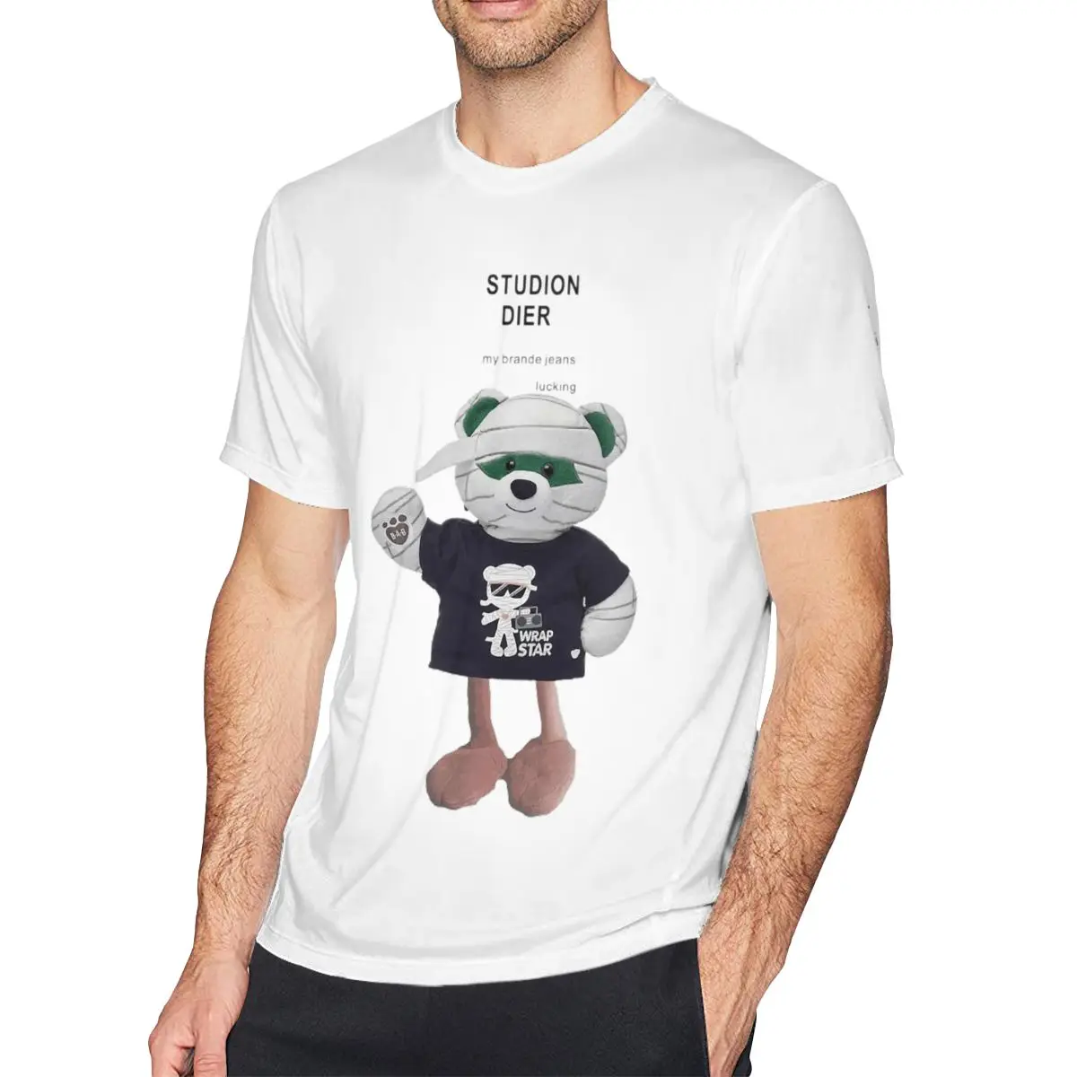 

Мужские футболки Studion Dier, Повседневная футболка из чистого хлопка с милым маленьким медведем, футболка с коротким рукавом и круглым вырезом, одежда с графическим принтом