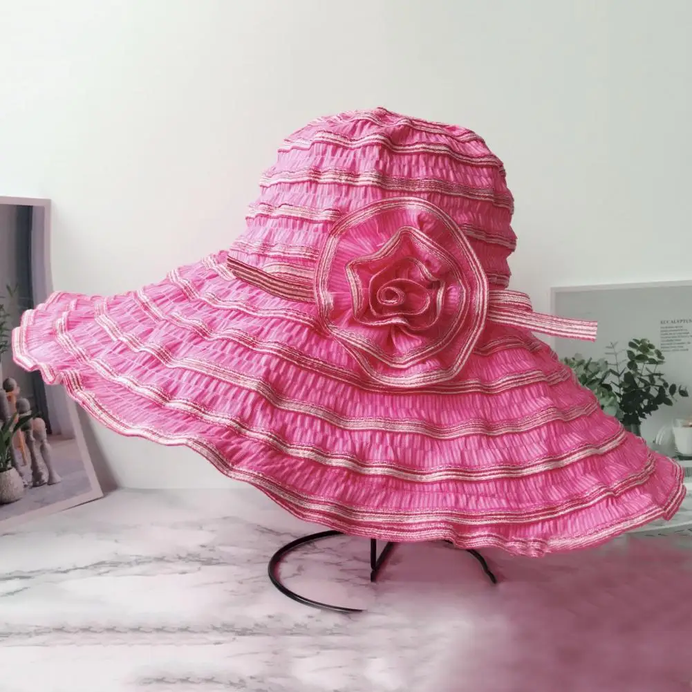 

Women Sunscreen Striped Foldable Sun Cap Flower Decor Wide Brim Women Beach Hat Outdoor Ruffled Wide Brim Sun Cap Bucket Caps