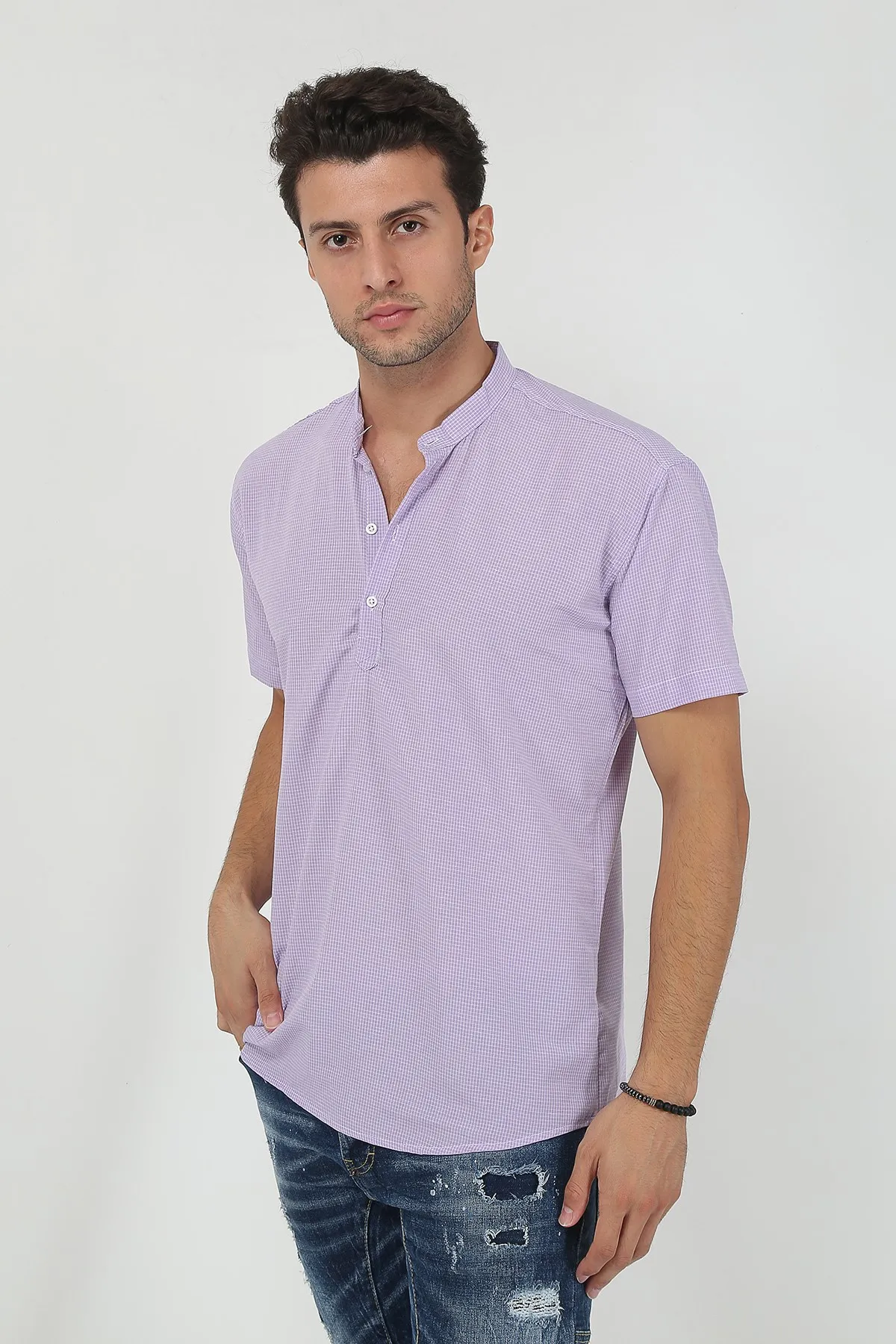 Therapy Men Male Crew Neck Half Patlı Plaid Short-Sleeve Slim Fit Shirt 21Y-4300602-01 Purple