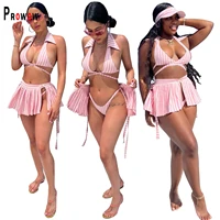 prowow summer women beach outfits 2022 new pink striped bikinis set skirt three piece lady clothing set sexy lace up suits