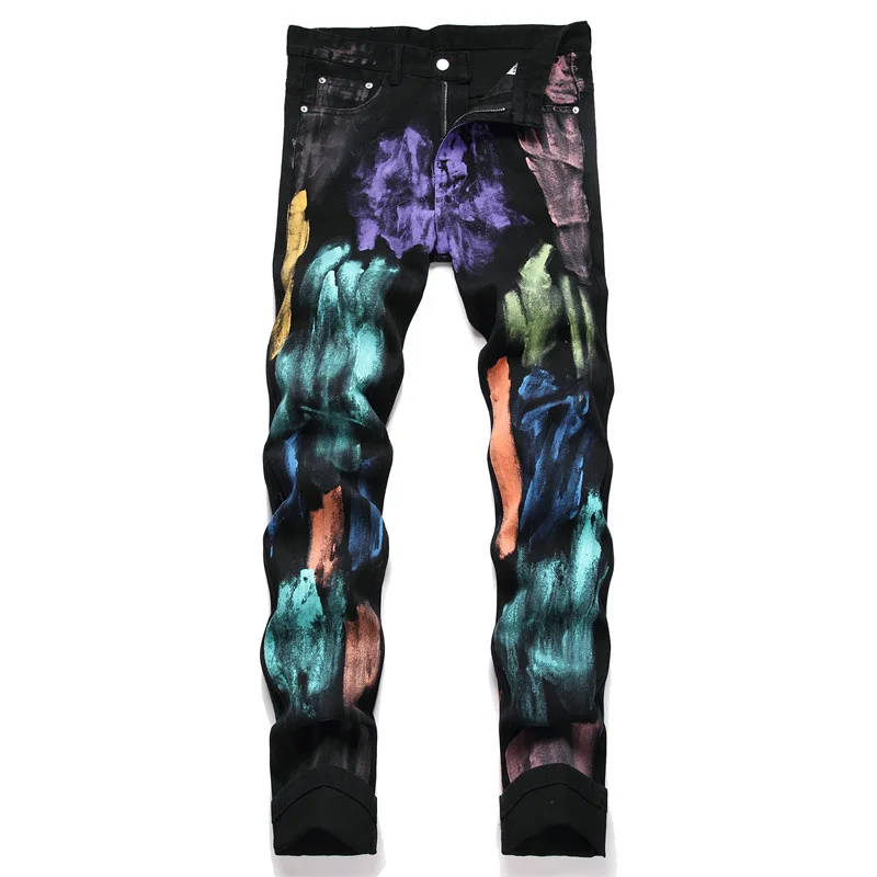 Джинсы мужские прямые с принтом модные штаны из денима в стиле панк уличная