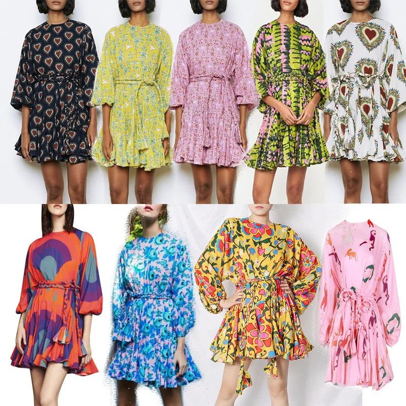 

2022 Spring and Summer Women's New Round Neck Lantern Sleeve Holiday Style Printed High Waist Lace Ruffled Dress