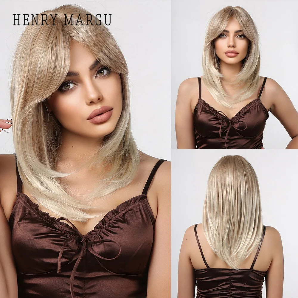 

HENRY MARGU Blonde Layered Shoulder Length Synthetic Wigs with Bang Natural Long Wavy Wig for Women Party Cosplay Heat Resistant
