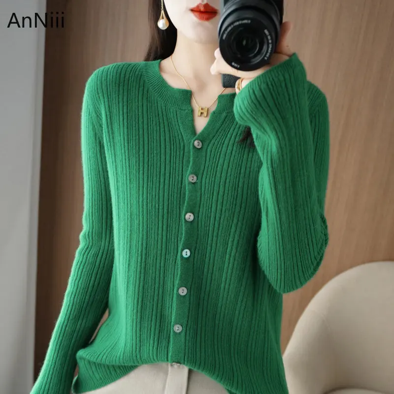 

Однотонный кардиган оверсайз в Корейском стиле, женская одежда, вязаный свитер с круглым вырезом, женские однобортные кардиганы, женские св...