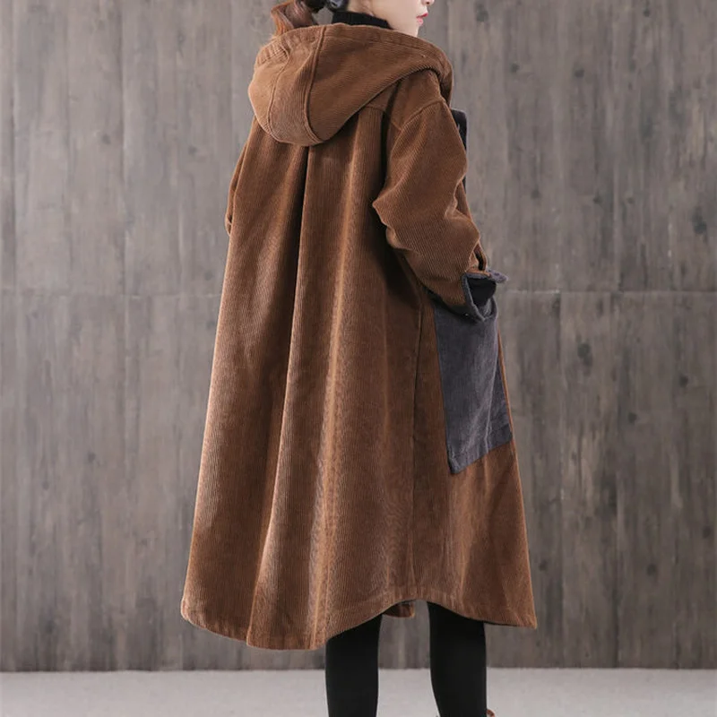 Corduroy Jacket Big Pocket Plus Cotton Thick Hooded Padded Coats Windbreaker Women's Autumn and Winter Loose Long Cloak Parkas