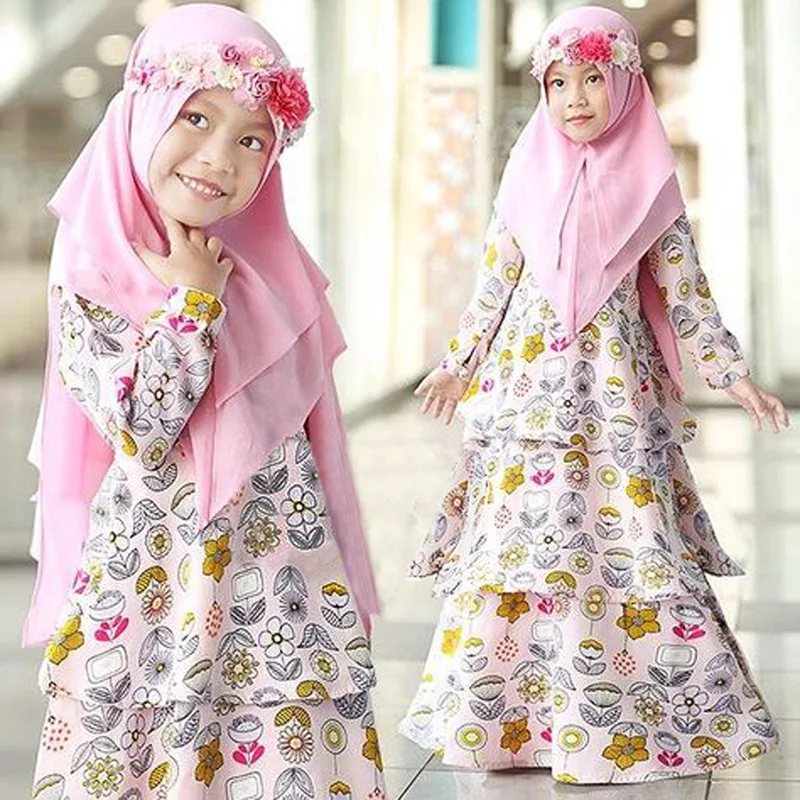 

Muslim Girls Print Khimar Jilbab Kids Prayer Dress 2 Piece Set Eid Ramadan Floral Hijab Abaya Islam Clothing Dubai Turkey Kaftan