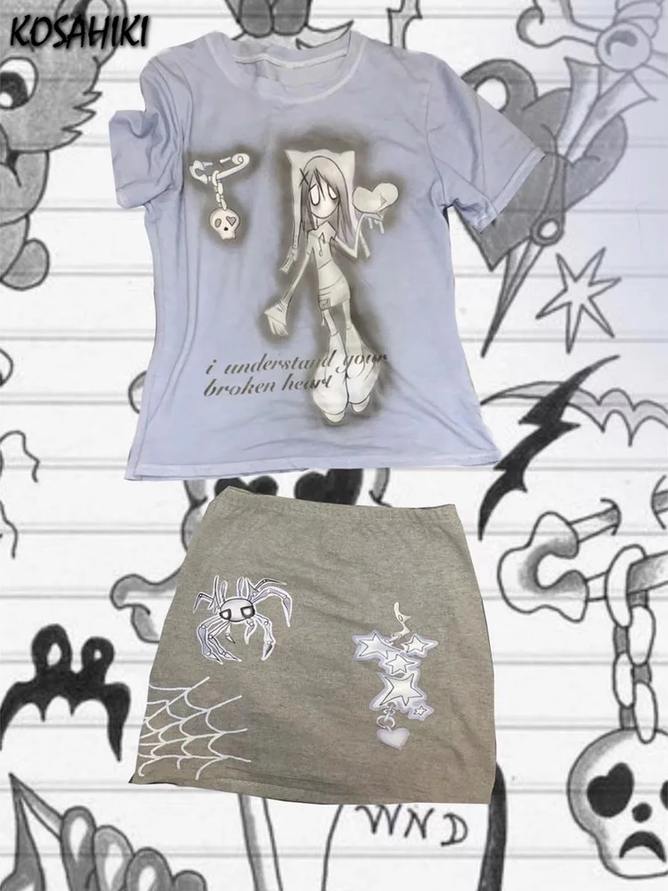 

Tie Dye Print Crop T-shirt Skirts Set Women 2023 Summer Outfits Y2K Aesthetic Emo Grunge Two 2 Sets Harajuku Streetwear