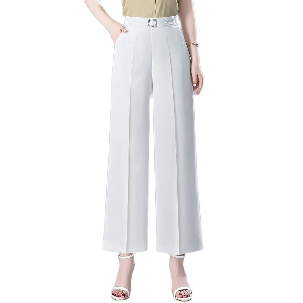 

2022 Summer New L To 6XL Straight Wide Leg Trousers Women High Waist Elastic Band Chiffon Solid Color Loose Capris Cropped Pants