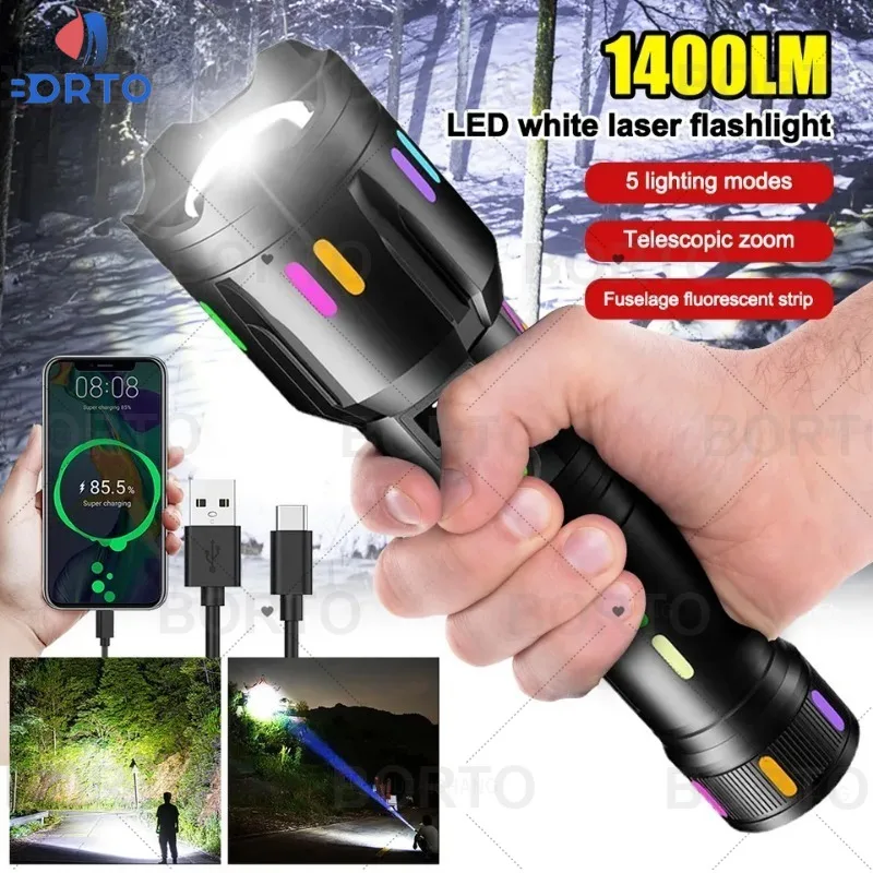 

High Power Spotlight Long Range LED Flashlight With Luminous Strips Tail Glass breaker Zoomable Torch For Camping Emergency
