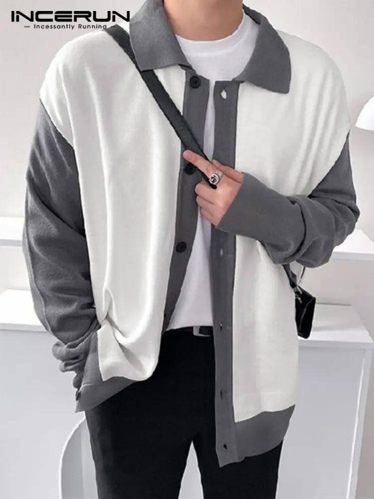 

Korean Style New Men's Casual Knitted Blouse Stylish All-match Simple Male Stitching Long-sleeved Shirts S-5XL INCERUN Tops 2022