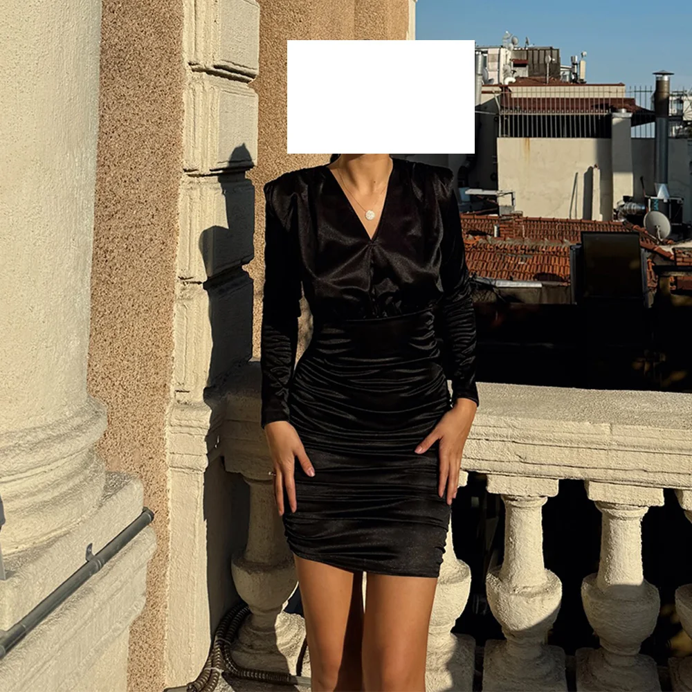 Женское Атласное Вечернее платье выше колена однотонное Плиссированное