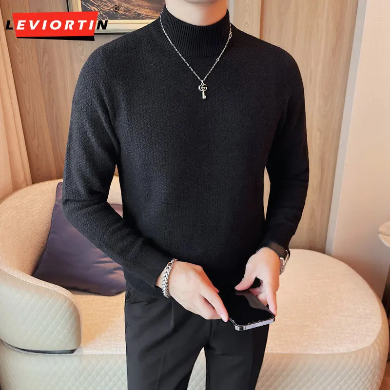 

Autumn and Winter Half High Neck Sweater Men's Corn Plaid Thickened Knitted Pullover Long Sleeve Casual Business Social Top