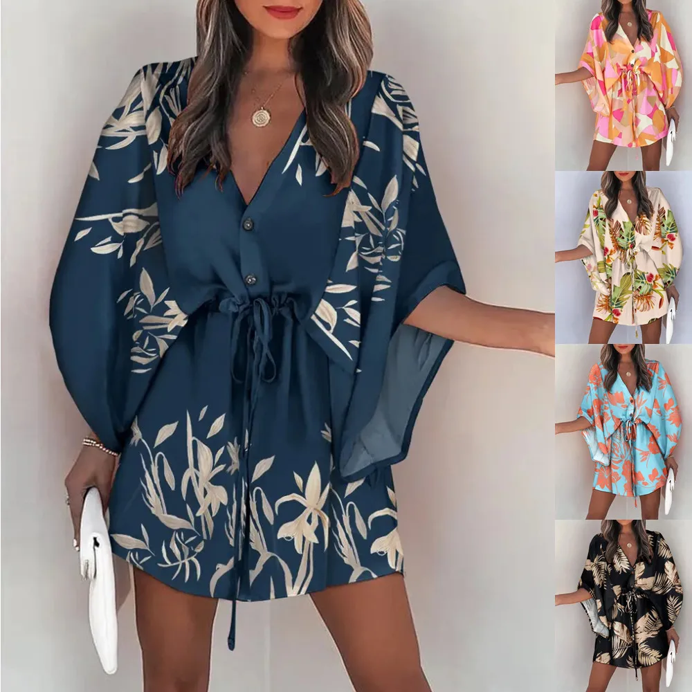 

Summer Beach Dress Women Casual V Neck Lace-up Mini Dress Boho Floral Print Button Batwing Sleeve Party Dresses Female Robe 2022