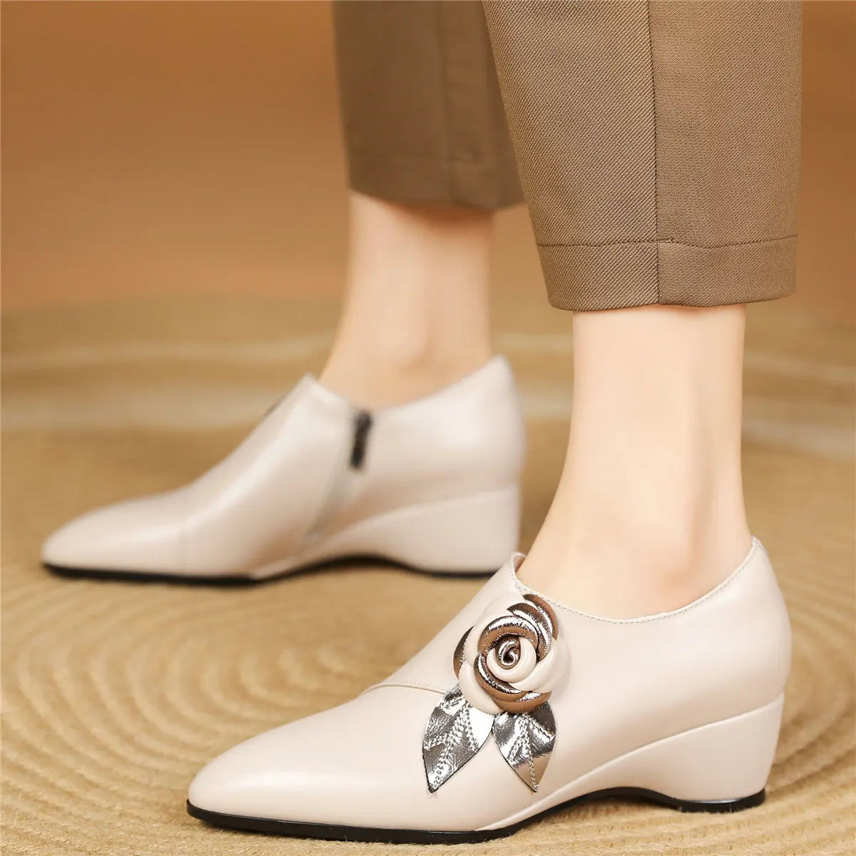 Flowers Platform Oxfords Party Shoes Women Genuine Leather Wedges Med Heels Pumps Female Round Toe Fashion Sneakers Casual Shoes