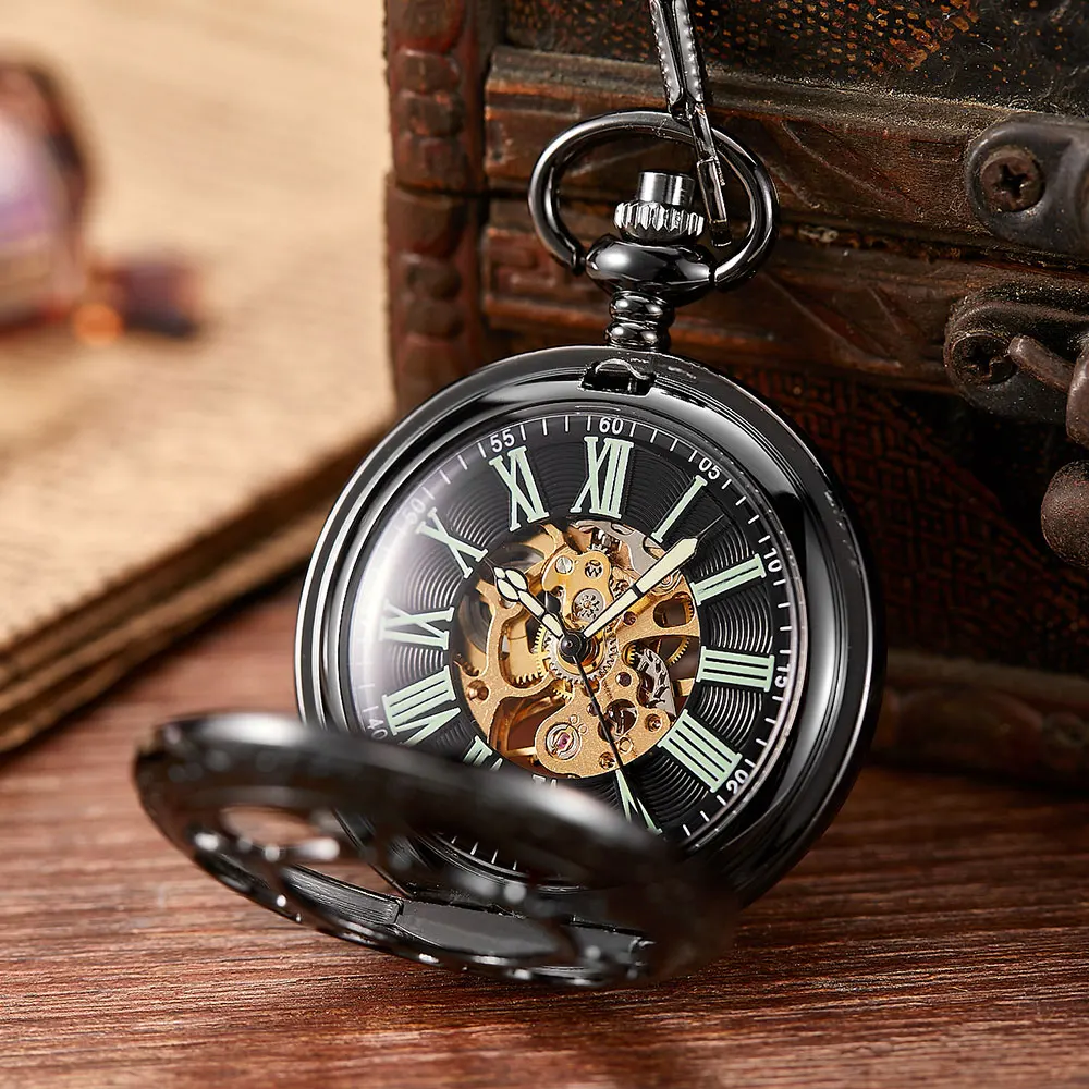 Vintage Black Steampunk Hollow Luminous Mechanical Pocket Watch Men Hand Wind Roman Numerals Skeleton Neckalce Watch Gift