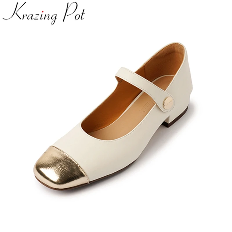 

Krazing Pot INS Fashion Cow Leather Low Heels Shallow Mixed Colors Spring Shoes Concise Office Lady Mary Janes Party Women Pumps