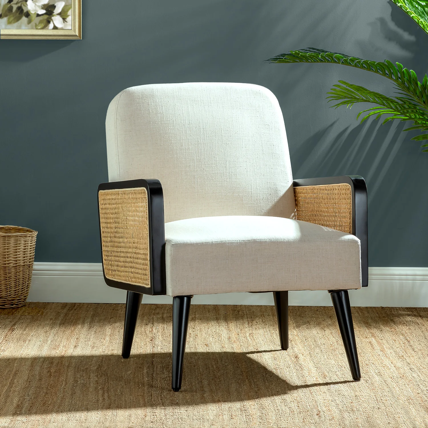 

Mid Century Modern Accent Chair, Upholstered Chairs with Bamboo Knitting and Solid Wood Legs, Comfy Linen Fabric Armchair
