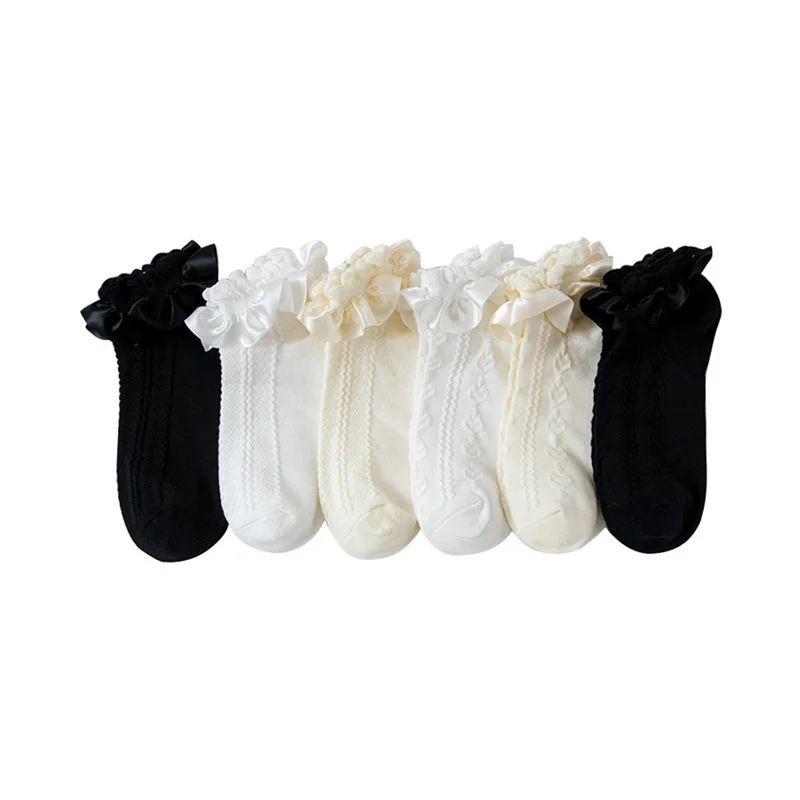Lolita Socks Women's Ruffle Socks With Frill Black White Kawaii Cotton Lace Socks Low Cut Socks Cartoon Sweet Girls Hosiery