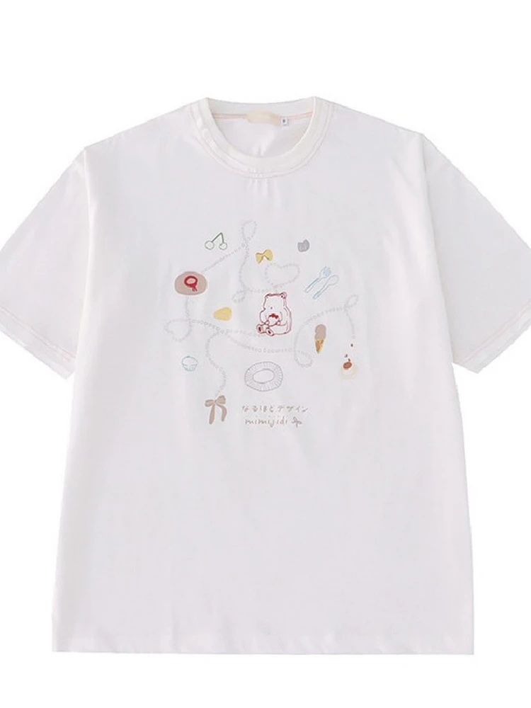 Camiseta de algodón con estampado de oso de dibujos animados para mujer, camiseta blanca bonita con cuello redondo, Tops Kawaii de manga corta