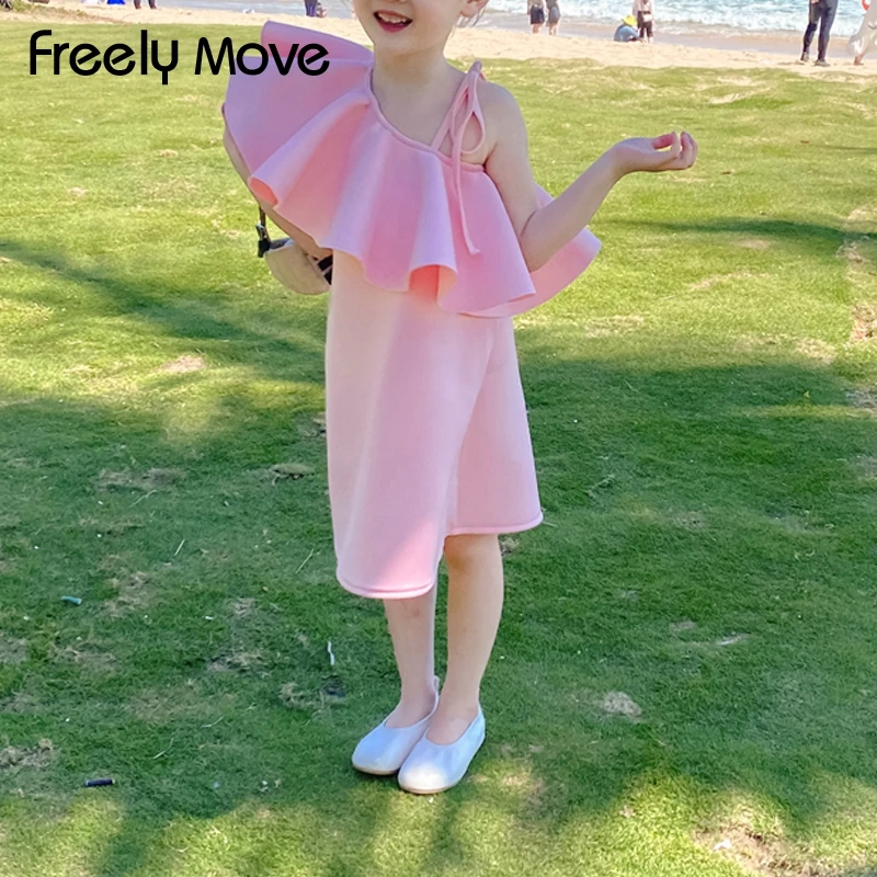 

Freely Move Girls Dress Summer 2022 Pink Straight Knee Length Cute Children Clothes Girl Dress For Girls