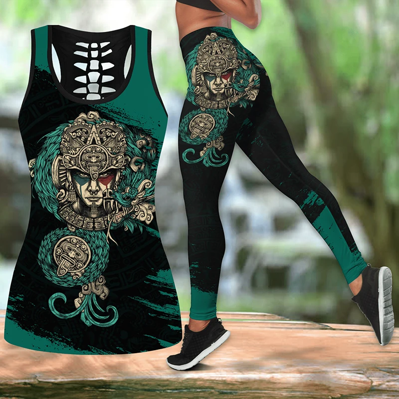 Summer Women's Fashion Mexico Aztec Combo 3D Print Yoga Leggings Summer Vest For Women Sports Suit Yoga Tank Tops Leggings Suit images - 6