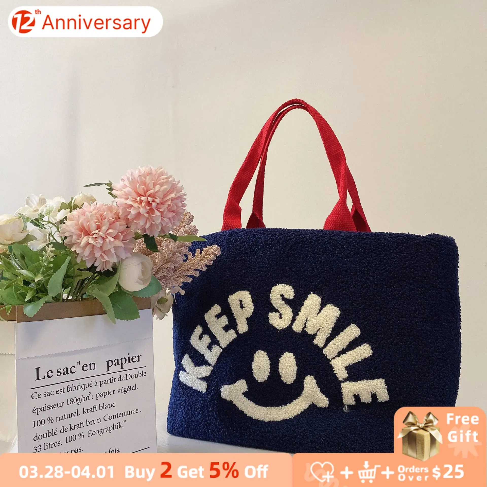 

Faux Lamb Wool Women Shoulder Bags Winter Large Capacity Cute Smiley Female Tote Handbags Smile Face Ladies Plush Messenger Bag
