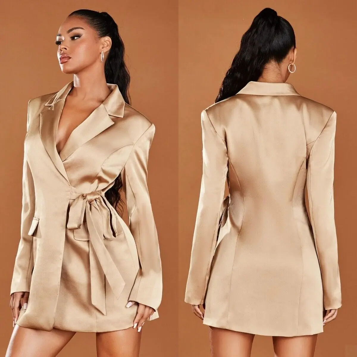 Slik Satin Women Blazer Dress Business Celebrity Party Coat with Belt Summer Midum Length Lady Suit 1 Pcs Customize