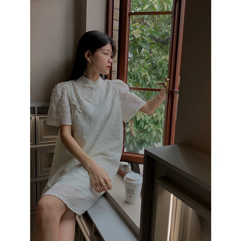 

Suyu summer 2022 new Chinese style Mock Neck Dress temperament small pan button short sleeve A-line skirt 18240