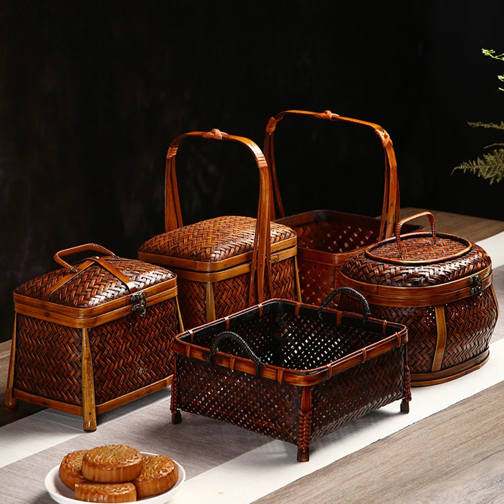 

China Style Retro Bamboo Basket For Tea Set Refreshment Snack Fruit Hand Made Natural Material Portable Square Round Storage Box