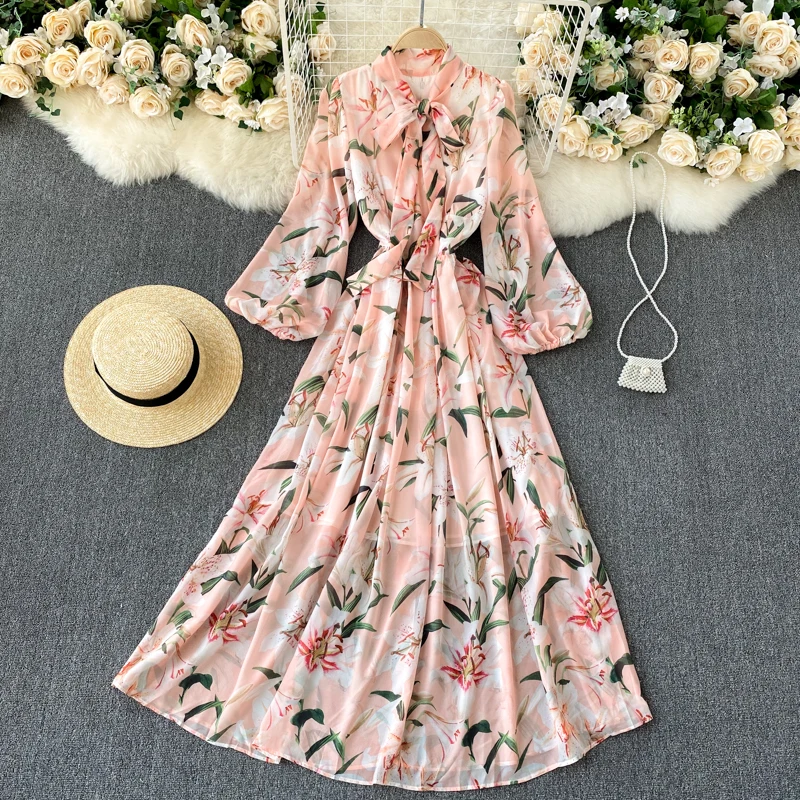 

Autumn New Bubble Long-sleeved Bow Tie Print Waist Pleated Peplum Fairy Dress