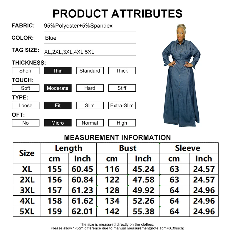 Plus Size Women Denim Dress Shirt Maxi Dress Sexy Lapel Neck Bottoned Long Dresses With Long Sleeves Vestidos De Mujer Casual