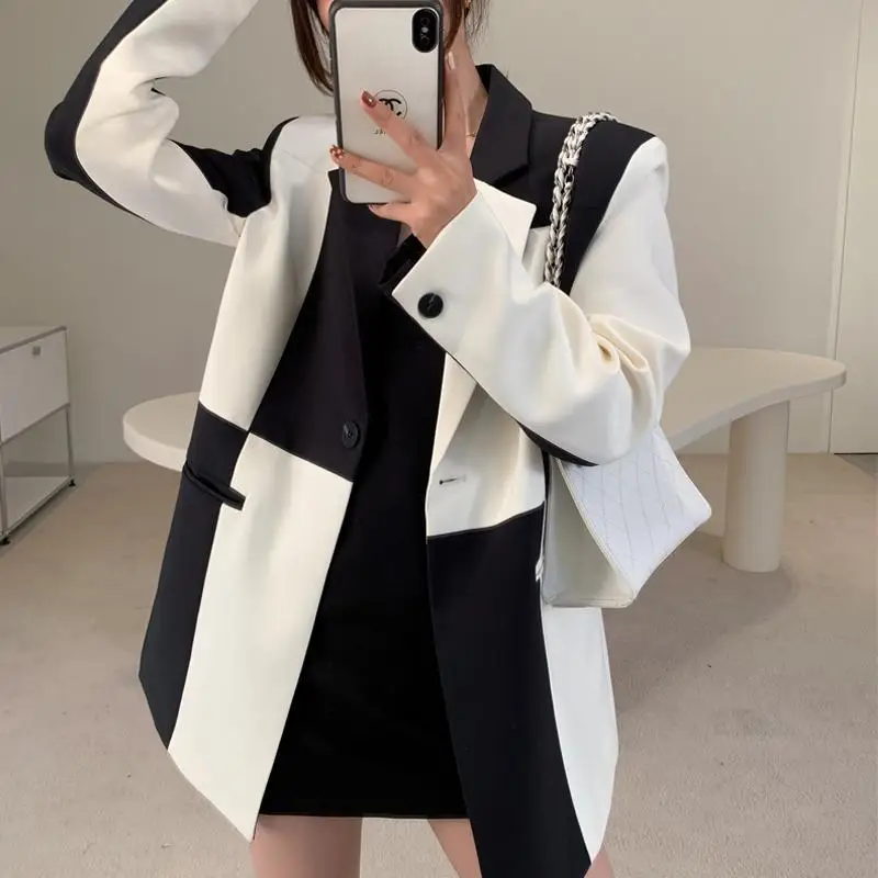 Fashion Black and White Stitching Women's Suit Jacket Women's Tops Office Lady Spring Autumn Coat Retro Designer Loose Za New