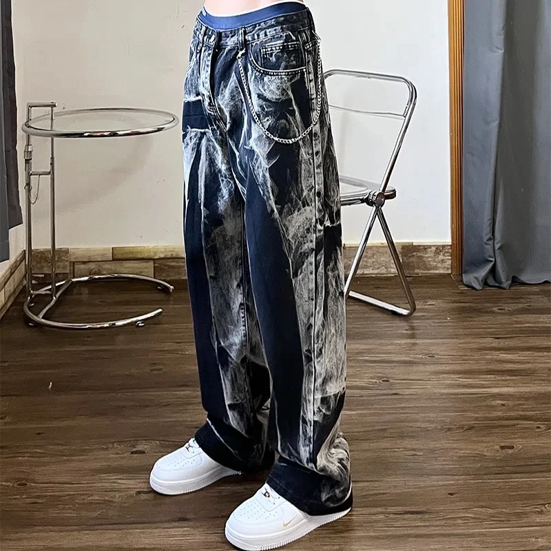 American Fashion Streetwear Hip-Hop Casual Denim Trousers Men Women High Street Washed Embroidery Loose Straight Retro Jeans