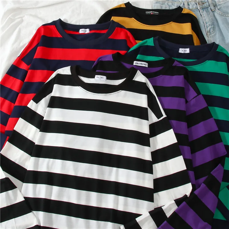 

5 colors Women Cotton Purple Striped Tops Slim Fit t shirt Harajuku Tshirt Summer Long Sleeve Korean Feminina oversized t shirt