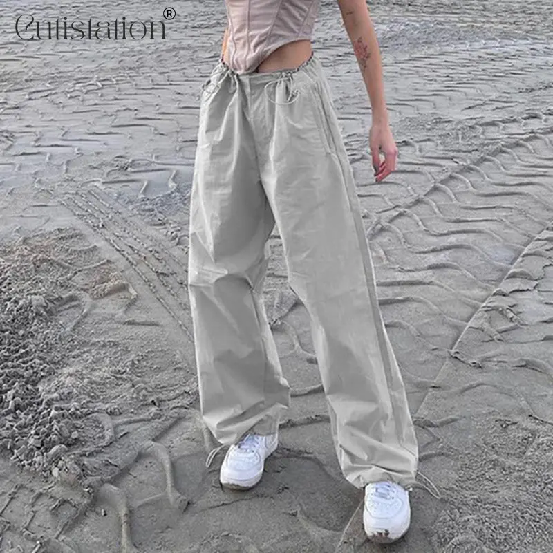 

Cutistation Light Grey Grunge Pants Y2k Streetwear Women Low Rise Drawstring Baggy Parachute Cargo Trousers 90s Fashion Clothes