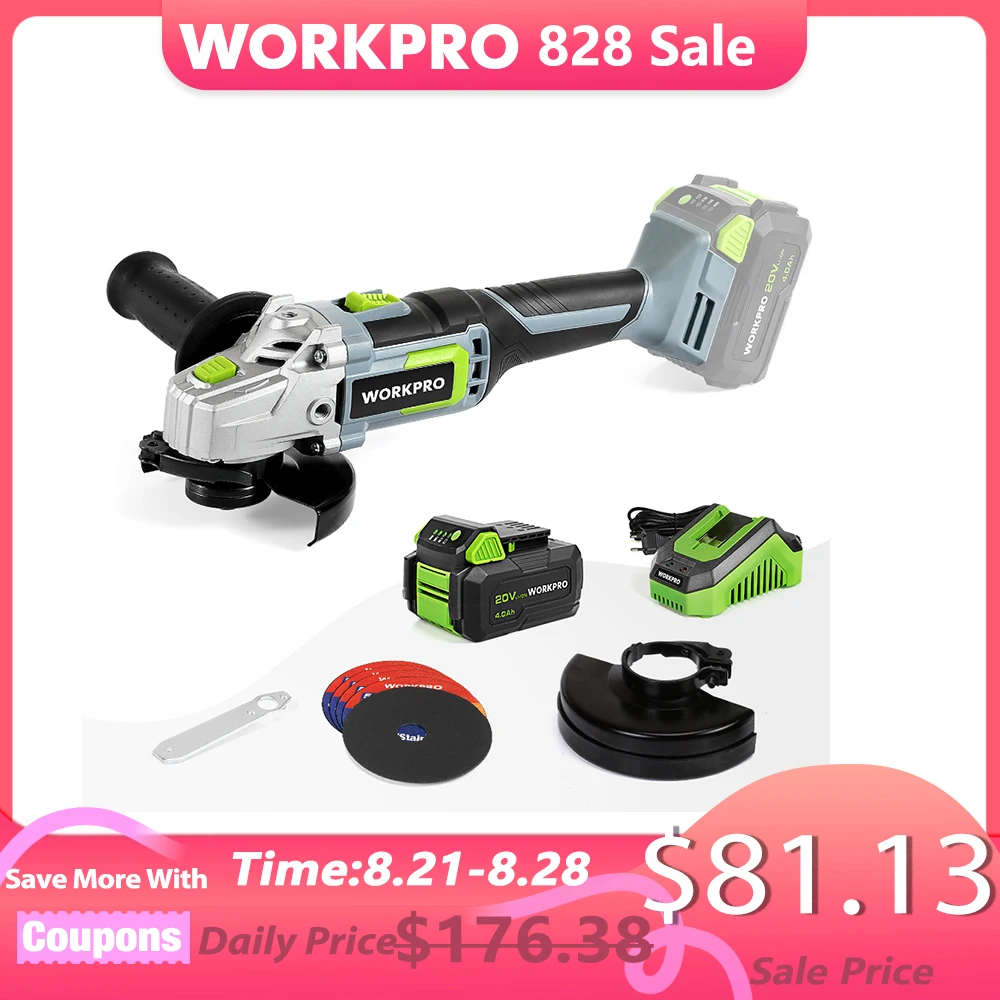 WORKPRO 20V Lithium-ion Cordless Angle Grinder 125mm With Battery and Charger Included For Cutting  Polishing and Grinding