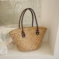 vintage rattan basket bag wicker woven women handbags handemade shoulder bags casual summer beach bag large capacity tote purses
