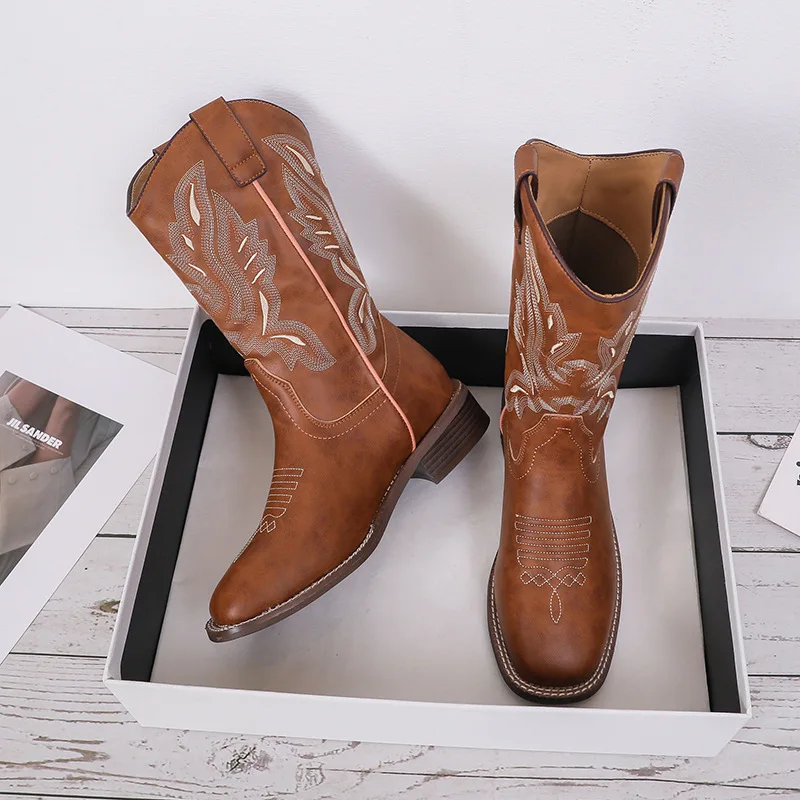 

Women's genuine leather embroidery totem square toe slip-on mid-calf boots soft comfortable short half boots winter autumn shoes