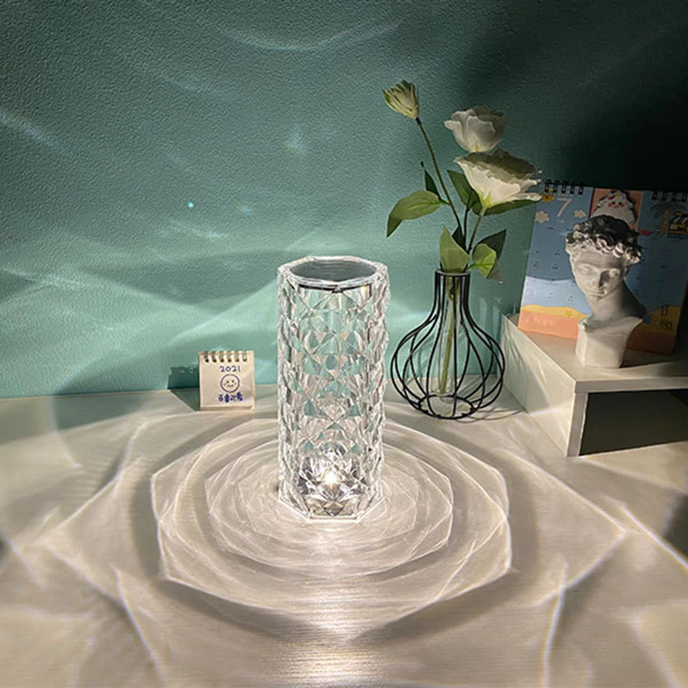 

Crystal LED Light Bedroom Ambiance Diamond Rechargeable Bedside Lamp Projector Night Light Touch Adjustable USB Desk Lamp