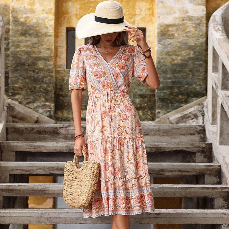 

Summer pink edge printed V-neck midlength dress short sleeve casual dress
