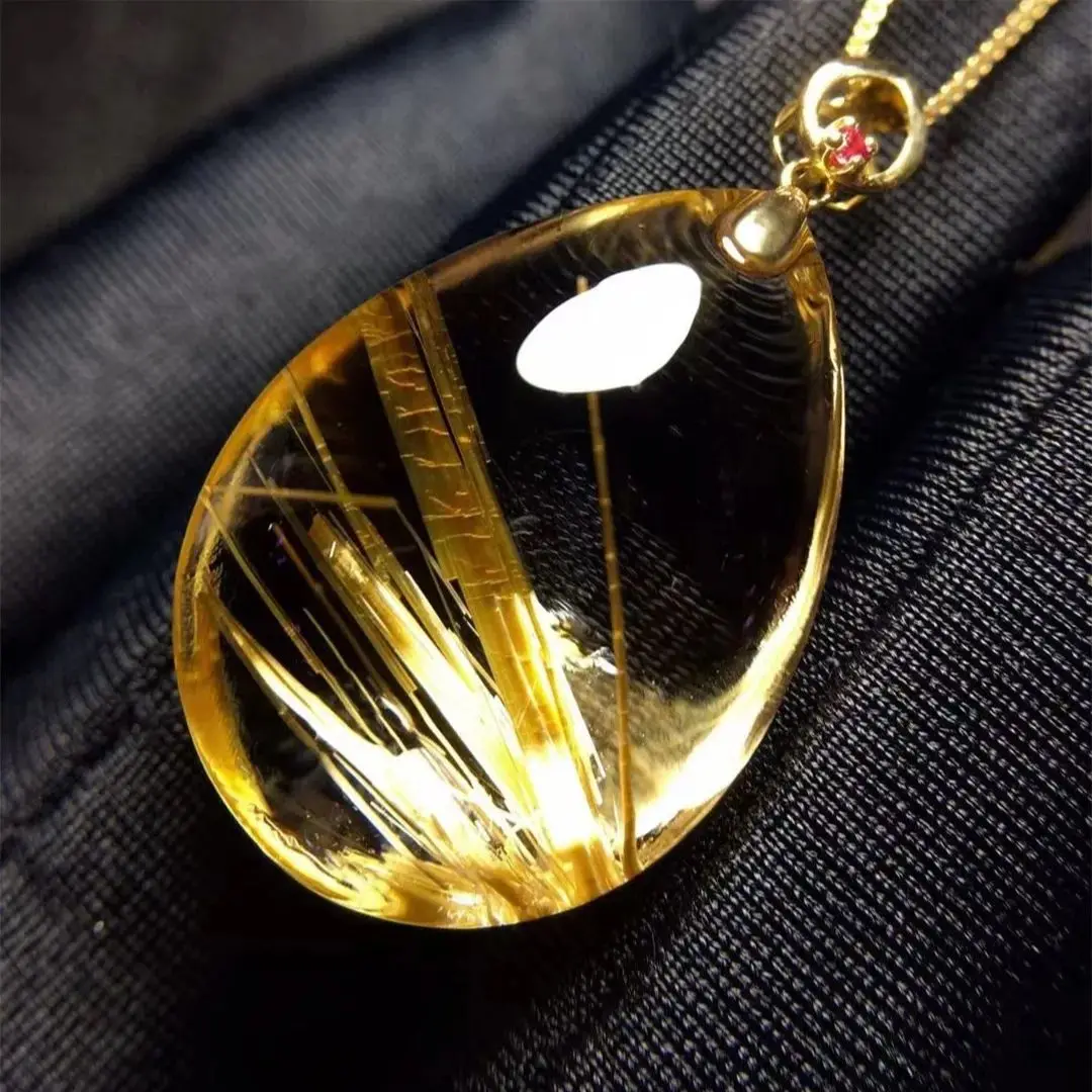 

Подвеска из натурального золота с кулоном из рутилированного кварца для женщин и мужчин, подарок, бусины из 18-каратного золота с кристаллами 23x17x10 мм, драгоценные камни, ювелирные изделия AAAAA
