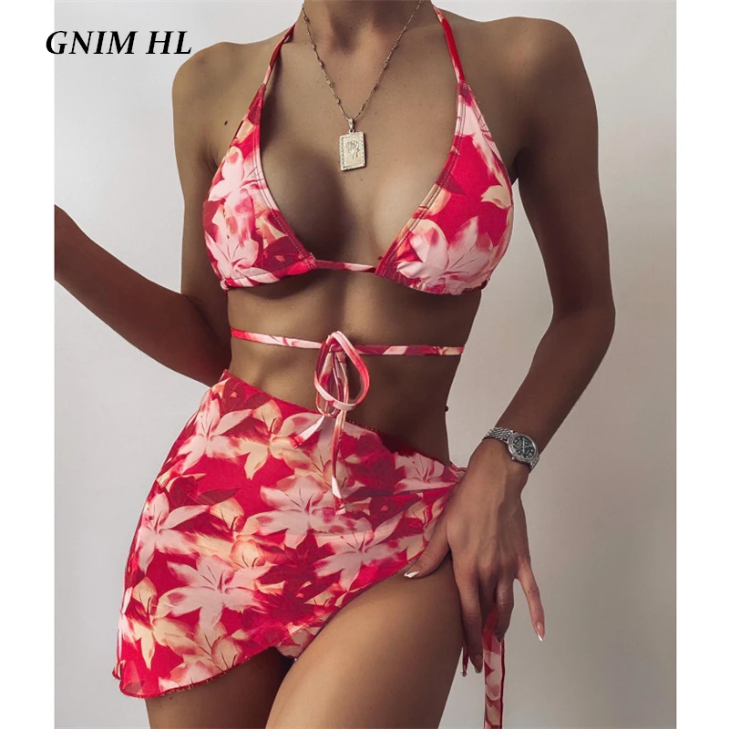 

GNIM Sexy Three Piece Print Swimwear Women Bandage Bikini Mujer 2020 Backless Triangle Swimsuit Female High Cut Swim Bather Suit