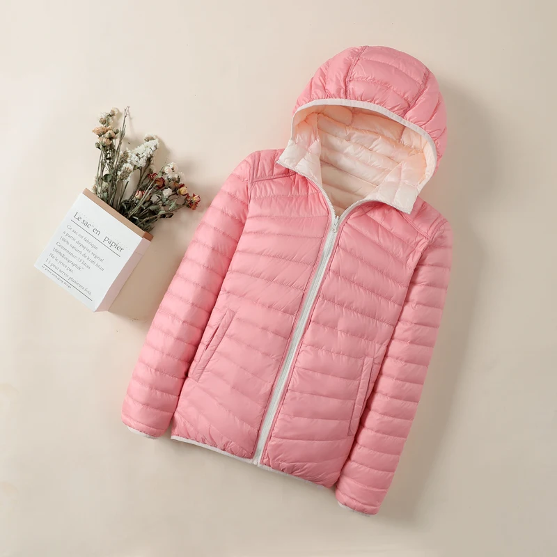 Women's Double-sided Down Jacket Winter Insulation Hooded White Duck Down Long Sleeved Jacket Light and Thin Solid Color Top enlarge