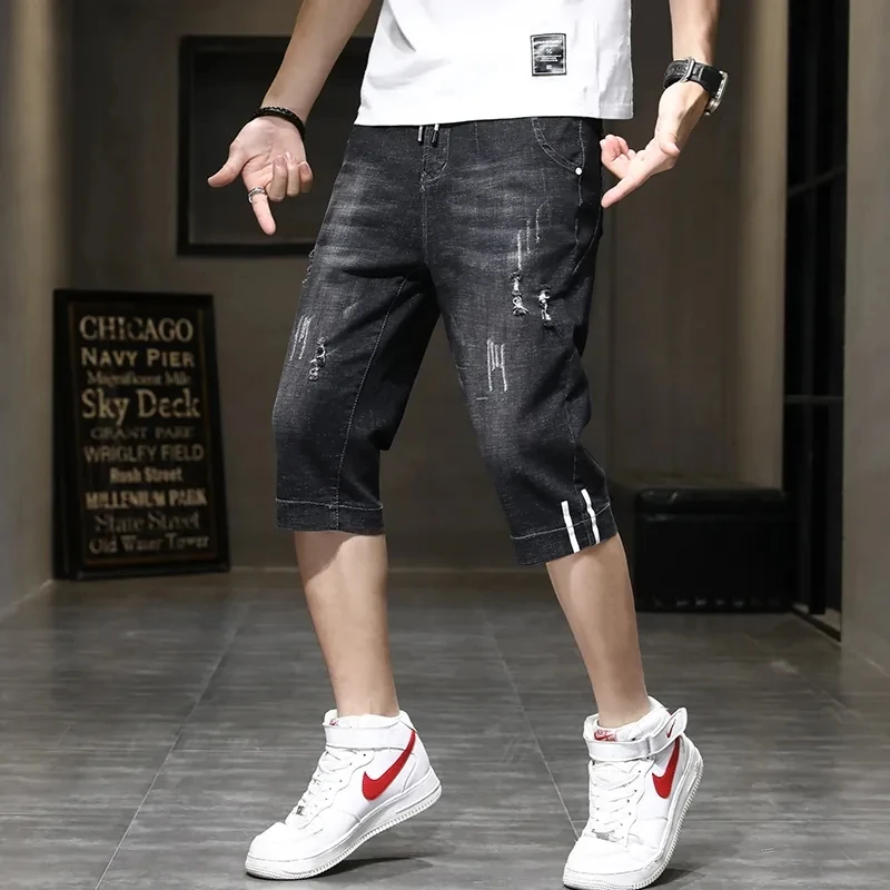 Korean Popular Summer Thin Loose Casual Men's Elastic Denim Jeans Vintage Distressed Men Pants Calf Length Straight Shorts
